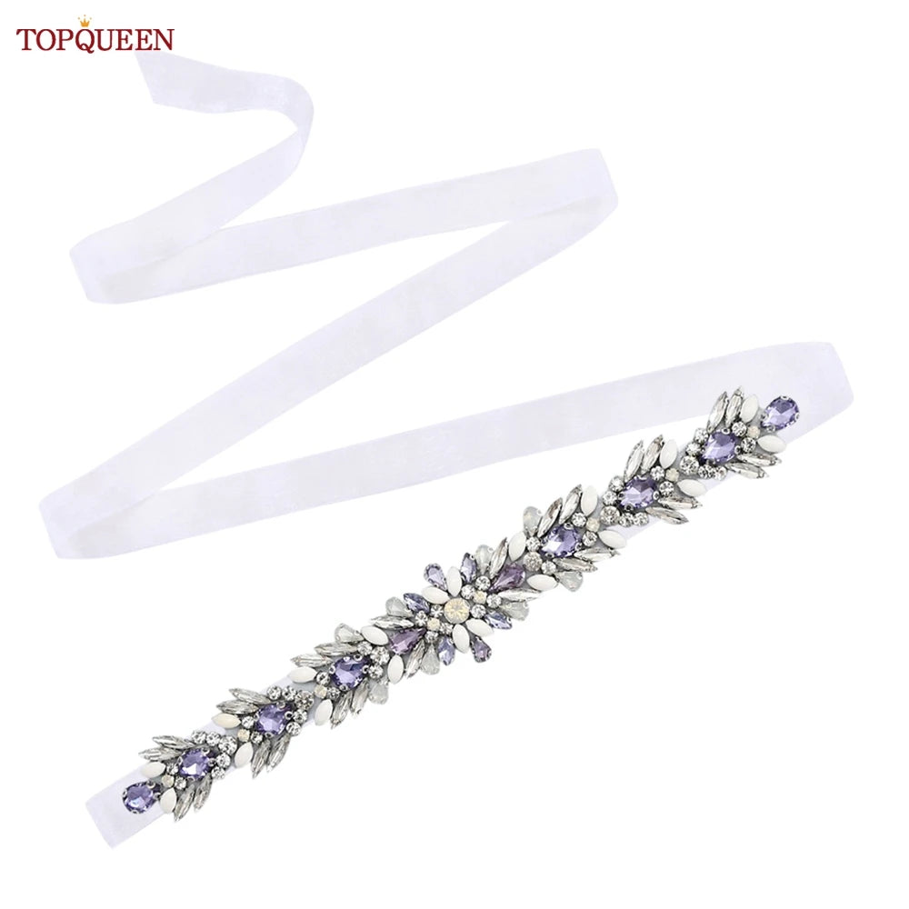 TOPQUEEN Bridal Dress Belt Wedding Accessories Women Evening Party Gown Girdles Lavender Rhinestone Opal Applique Sash S476-DZ