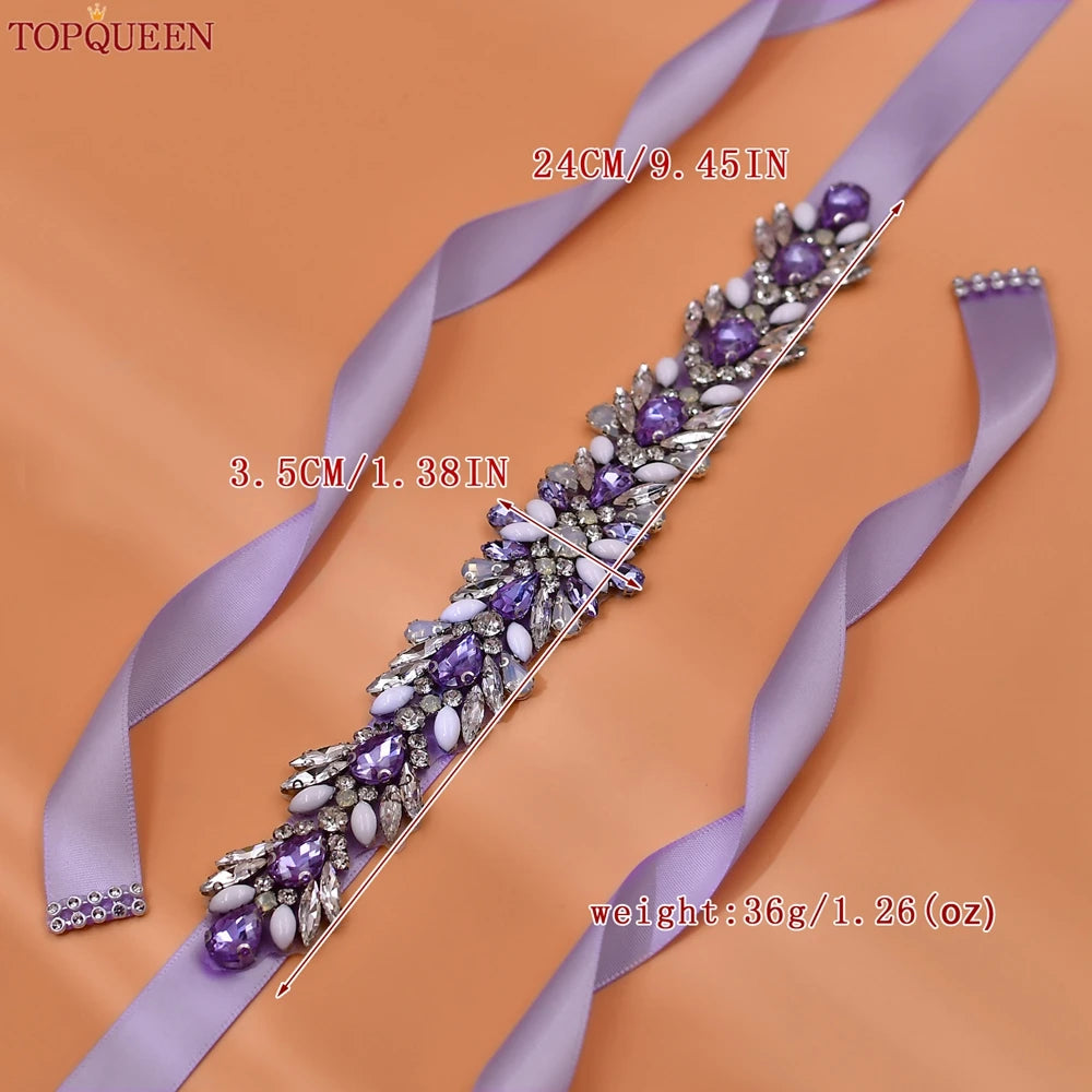 TOPQUEEN Bridal Dress Belt Wedding Accessories Women Evening Party Gown Girdles Lavender Rhinestone Opal Applique Sash S476-DZ