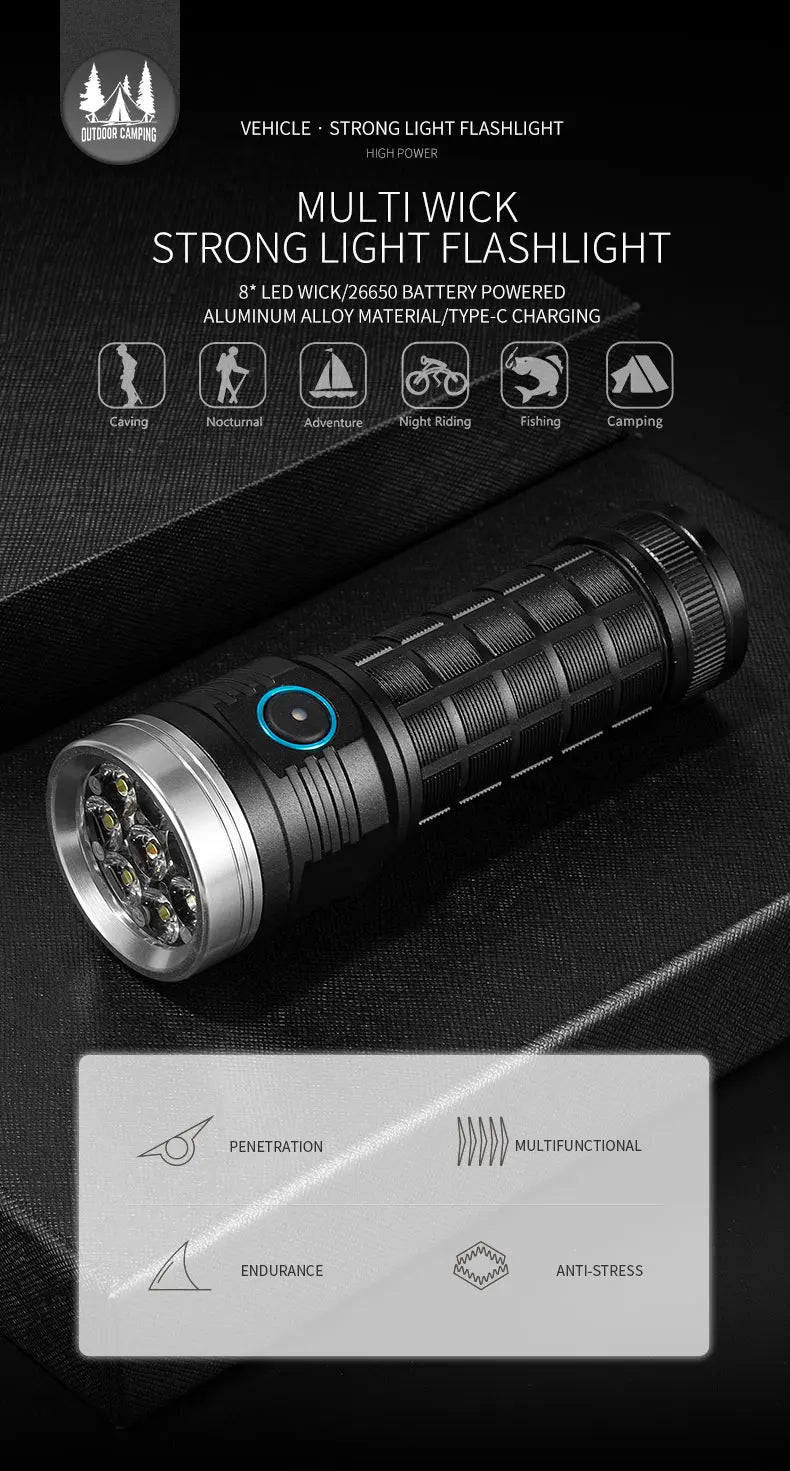 8LED Flashlight Outdoor Super Bright Emergency Torch 5 Lighting Modes Rechargeable Hiking Camping Tactical Flashlight 4000 Lumen