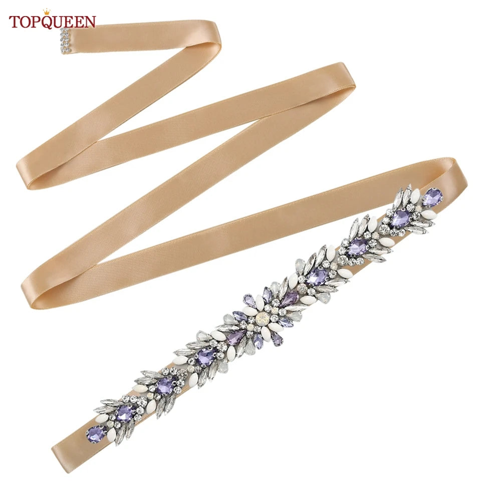 TOPQUEEN Bridal Dress Belt Wedding Accessories Women Evening Party Gown Girdles Lavender Rhinestone Opal Applique Sash S476-DZ