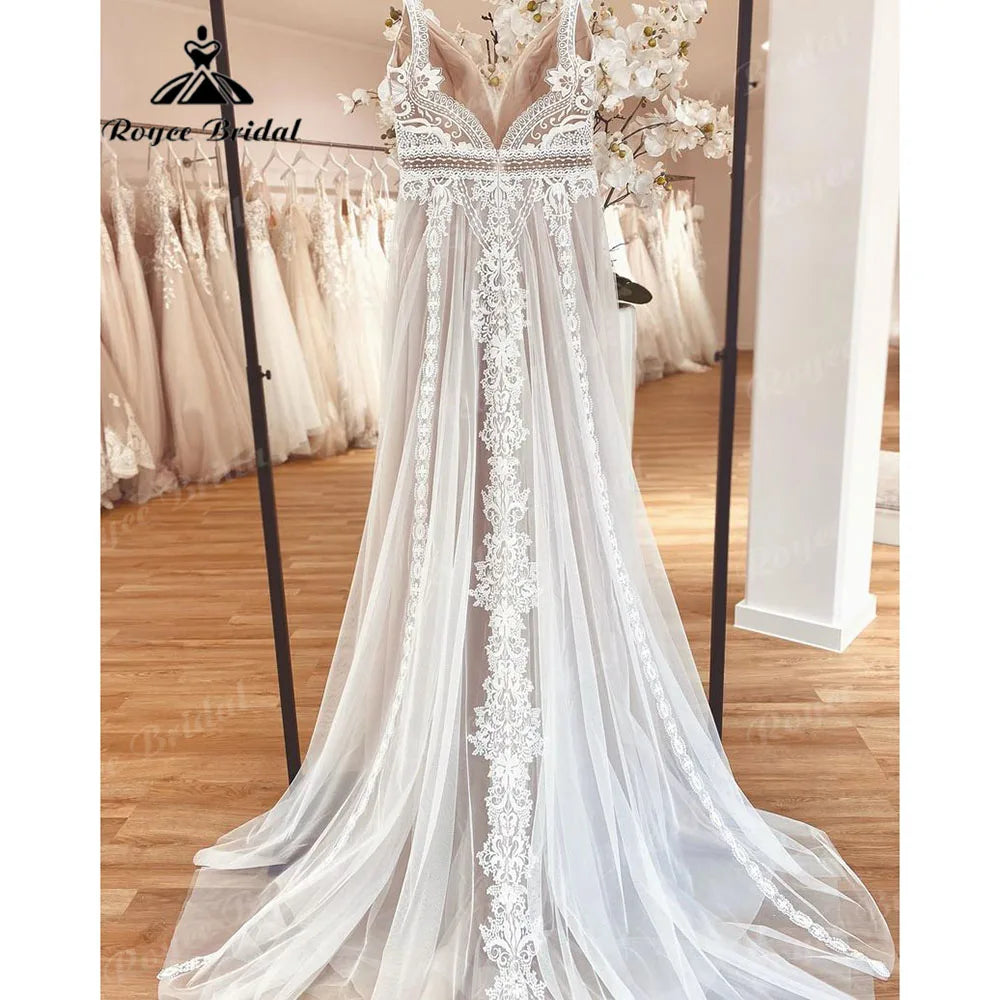 2025 Boheme Chic Boho Beach Lace V Neck Backless Summer Wedding Dress for Women Bridal Gown Robe Mariee suknia slubna Customized