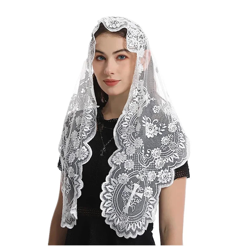 Women Head Covering Bridal Wedding Cross Embroidery Catholic Church Veil