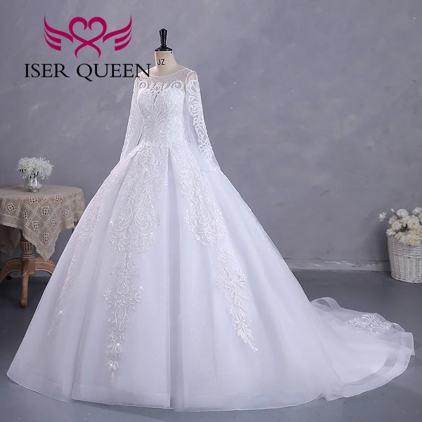 Fashion Long Sleeves Bride Dress For Wedding Small Pearls Beaded Lace Appliques Princess Wedding Dress WX0422