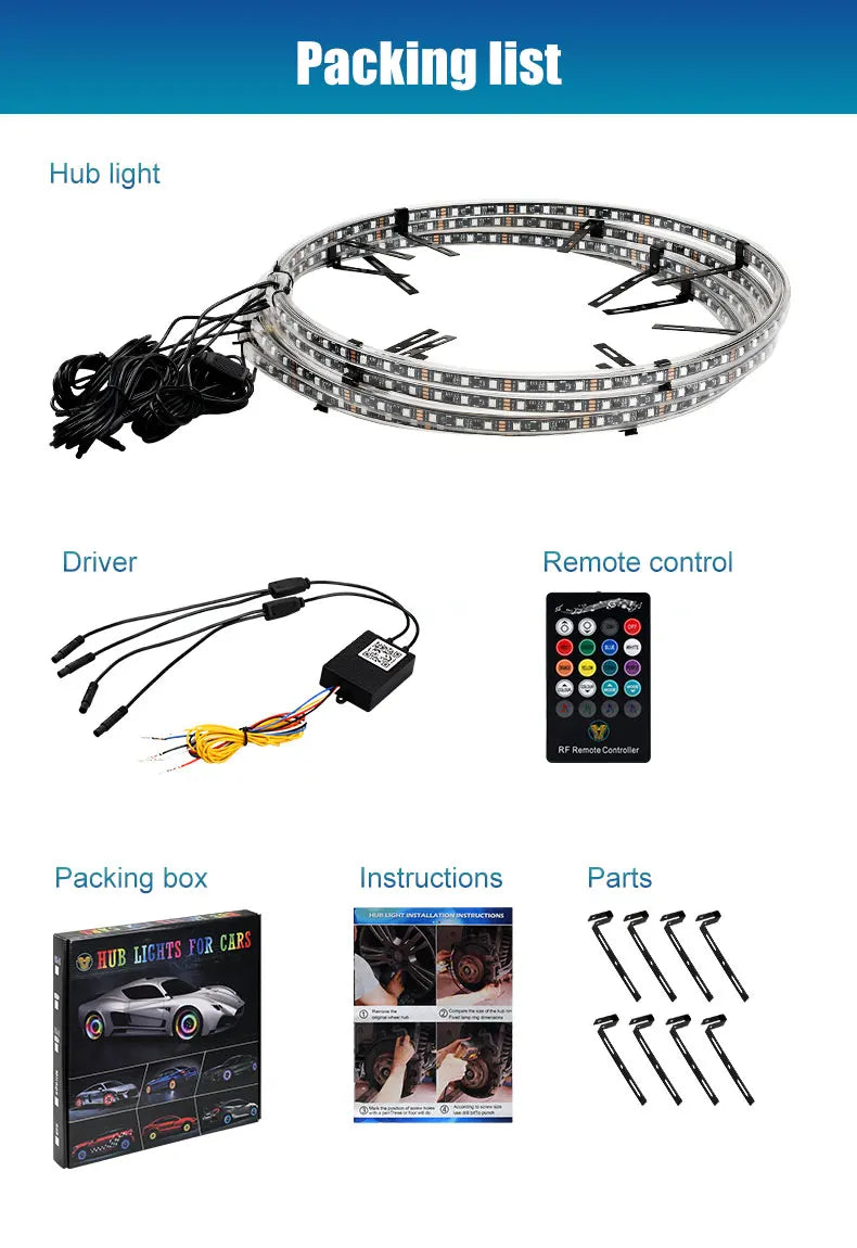 4 Pcs RGB Car Wheel Light For 15.5 inch 17 inch 19 inch APP/Remote Car Hub Light 12V LED With Brake Steering Phantom Neon Lamp