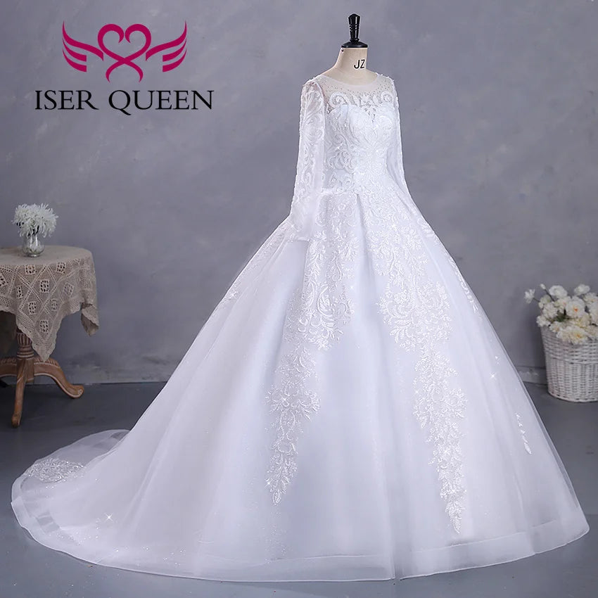 Fashion Long Sleeves Bride Dress For Wedding Small Pearls Beaded Lace Appliques Princess Wedding Dress WX0422