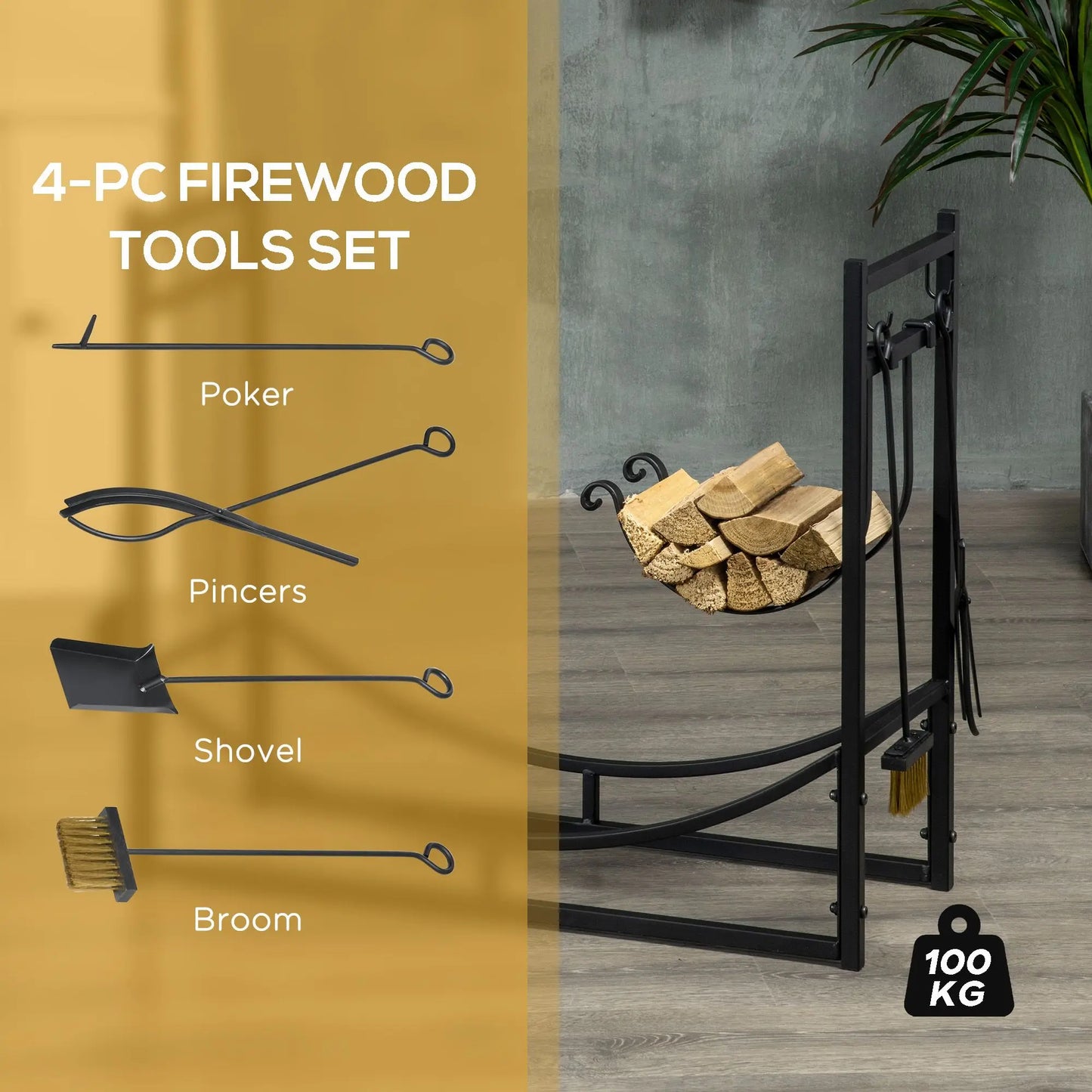 Firewood Rack with Fireplace Tools, Indoor OutdoorFirewood Holder, Includes Poker, Tongs, Broom, Shovel, Black