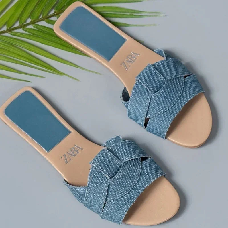 2024 New Women's Shoes Square Head Cross Flat Summer Sandals Simple Flip-flops Women Wear Slippers