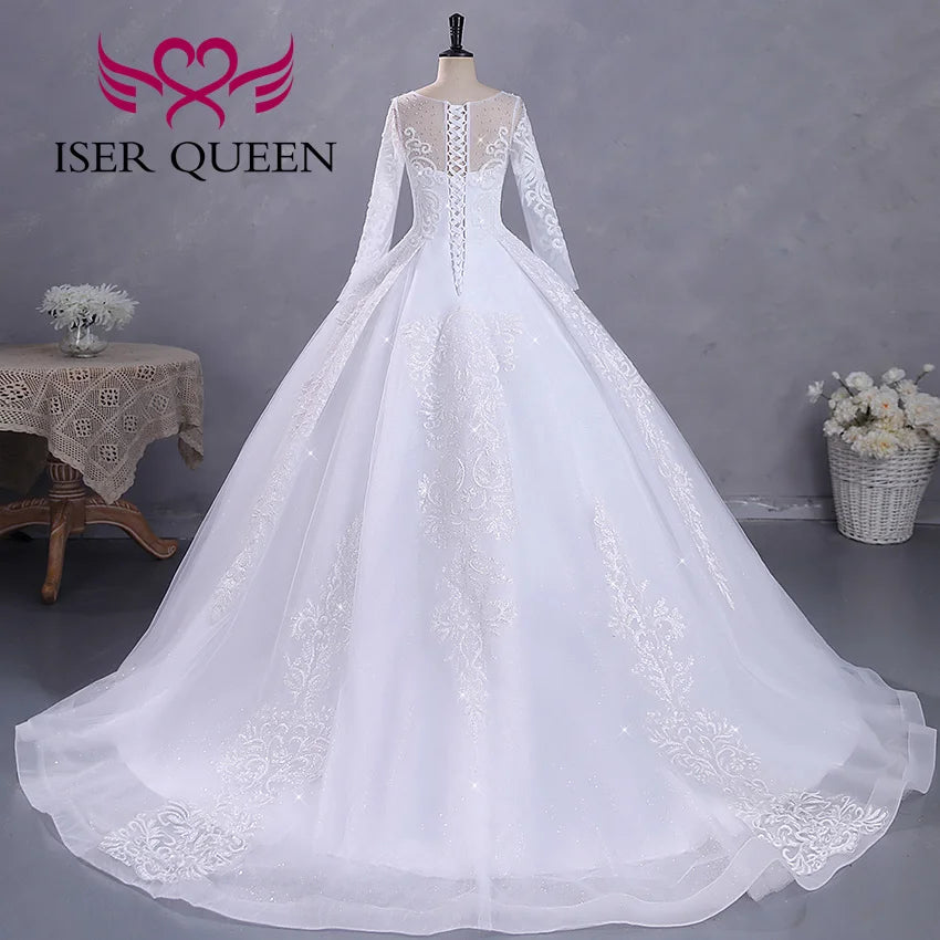 Fashion Long Sleeves Bride Dress For Wedding Small Pearls Beaded Lace Appliques Princess Wedding Dress WX0422