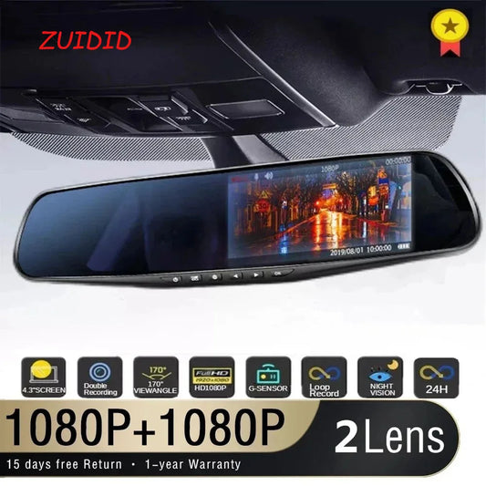 1080P IPS 4.3Inch Driving Recorder Car DVR Rearview Mirror Dual Lens Car Recorder Front and Rear Camera Registrar Black Box New