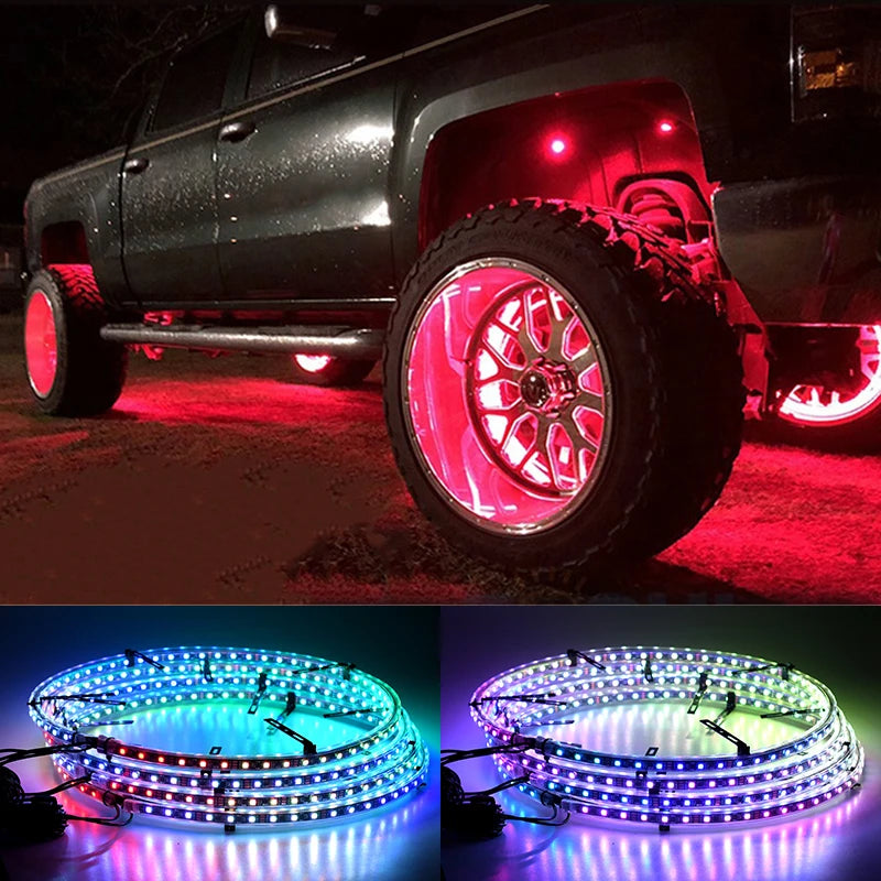 4 Pcs RGB Car Wheel Light For 15.5 inch 17 inch 19 inch APP/Remote Car Hub Light 12V LED With Brake Steering Phantom Neon Lamp