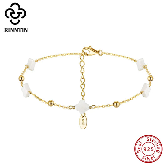 Rinntin Four Leaf Clover Anklet Bracelet for Women Delicate Style 925 Silver Thin Chains On Leg Summer Beach Accessories GMA01