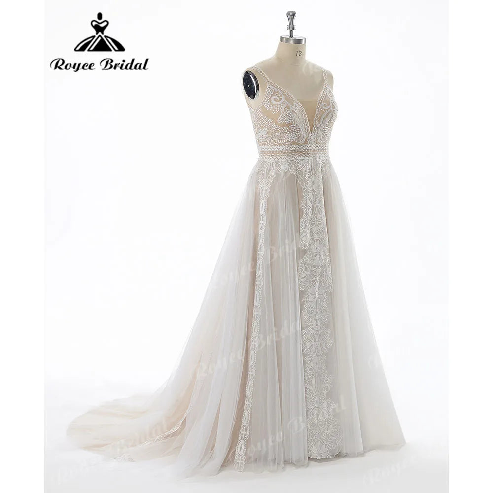 2025 Boheme Chic Boho Beach Lace V Neck Backless Summer Wedding Dress for Women Bridal Gown Robe Mariee suknia slubna Customized
