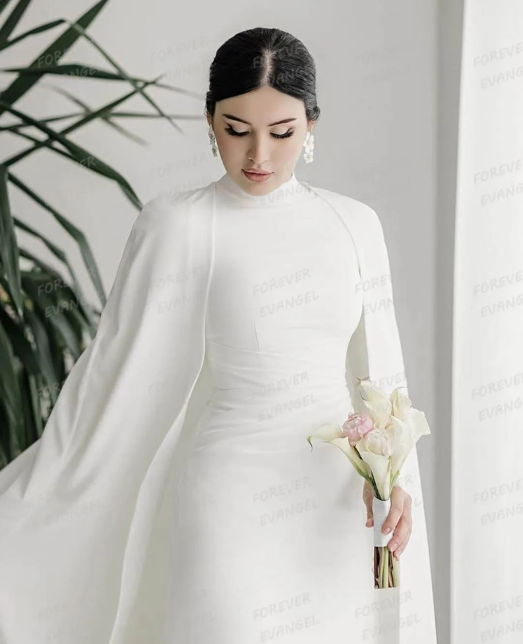 Simple Muslim Wedding Dresses Woman's Mermaid Long Sleeve Shawl Bride Gowns High Neck Formal Vestidos De Novia Satin Customized