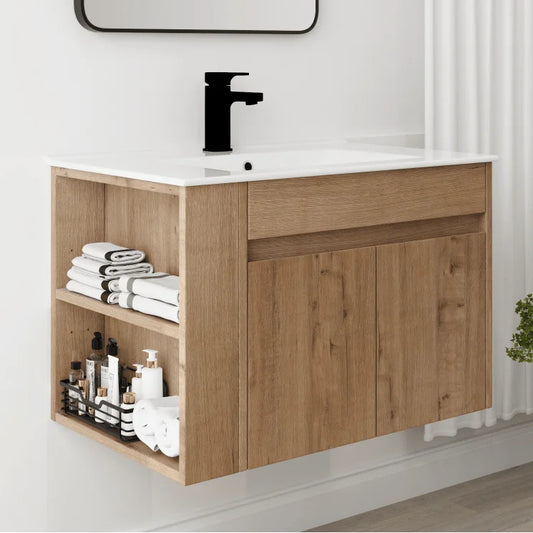 30-Inch Bathroom Vanity with Ceramic Basin and Adjustable Open Shelf