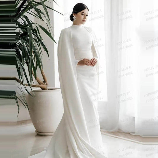 Simple Muslim Wedding Dresses Woman's Mermaid Long Sleeve Shawl Bride Gowns High Neck Formal Vestidos De Novia Satin Customized
