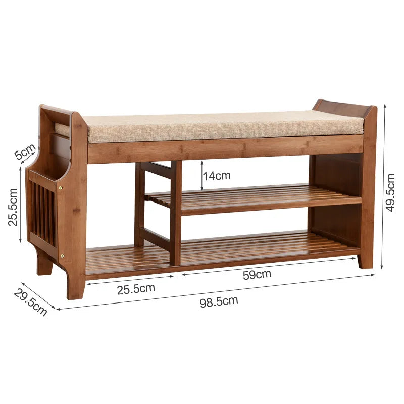 Natural Bamboo Shoe Storage Rack Bench with 2-Tier Cushion Seat Living Room Shoe Organizer Entryway Storage Hallway Furniture