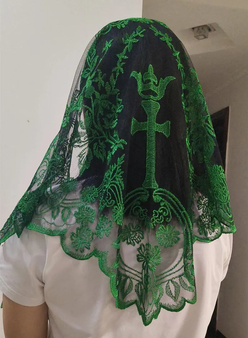 Women Head Covering Bridal Wedding Cross Embroidery Catholic Church Veil