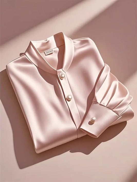 Elegant French Women's Pink Satin Shirt Turn-down Collar Long Sleeve Blouse Autumn/Winter for Women Casual Simple Office Lady