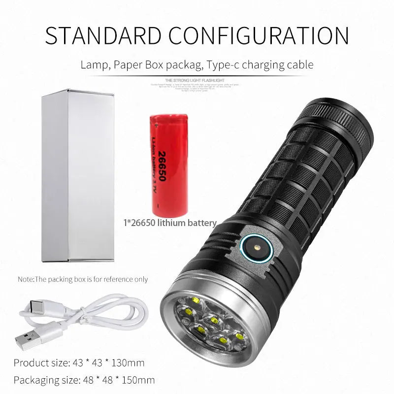 8LED Flashlight Outdoor Super Bright Emergency Torch 5 Lighting Modes Rechargeable Hiking Camping Tactical Flashlight 4000 Lumen