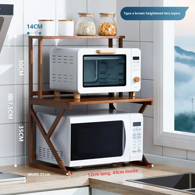 Kitchen Shelf Countertop Double Microwave Oven Shelf Desktop Seasoning Oven Storage Rack Bamboo Solid Wood