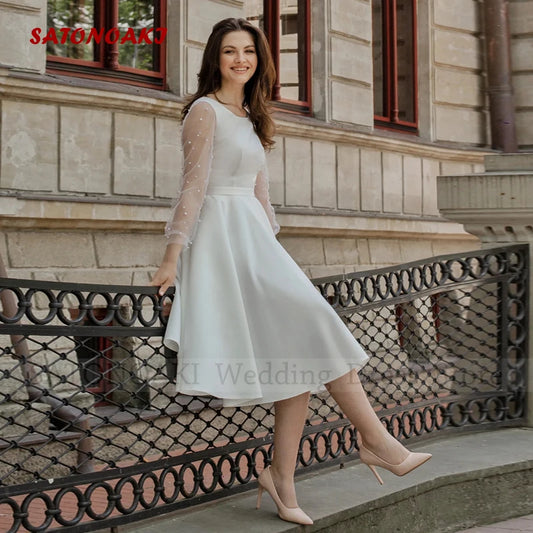 Elegant Boho Satin Short Wedding Dress for Bride A-Line O-Neck Backless Knee Length Bride Gowns Vestidos De Novia