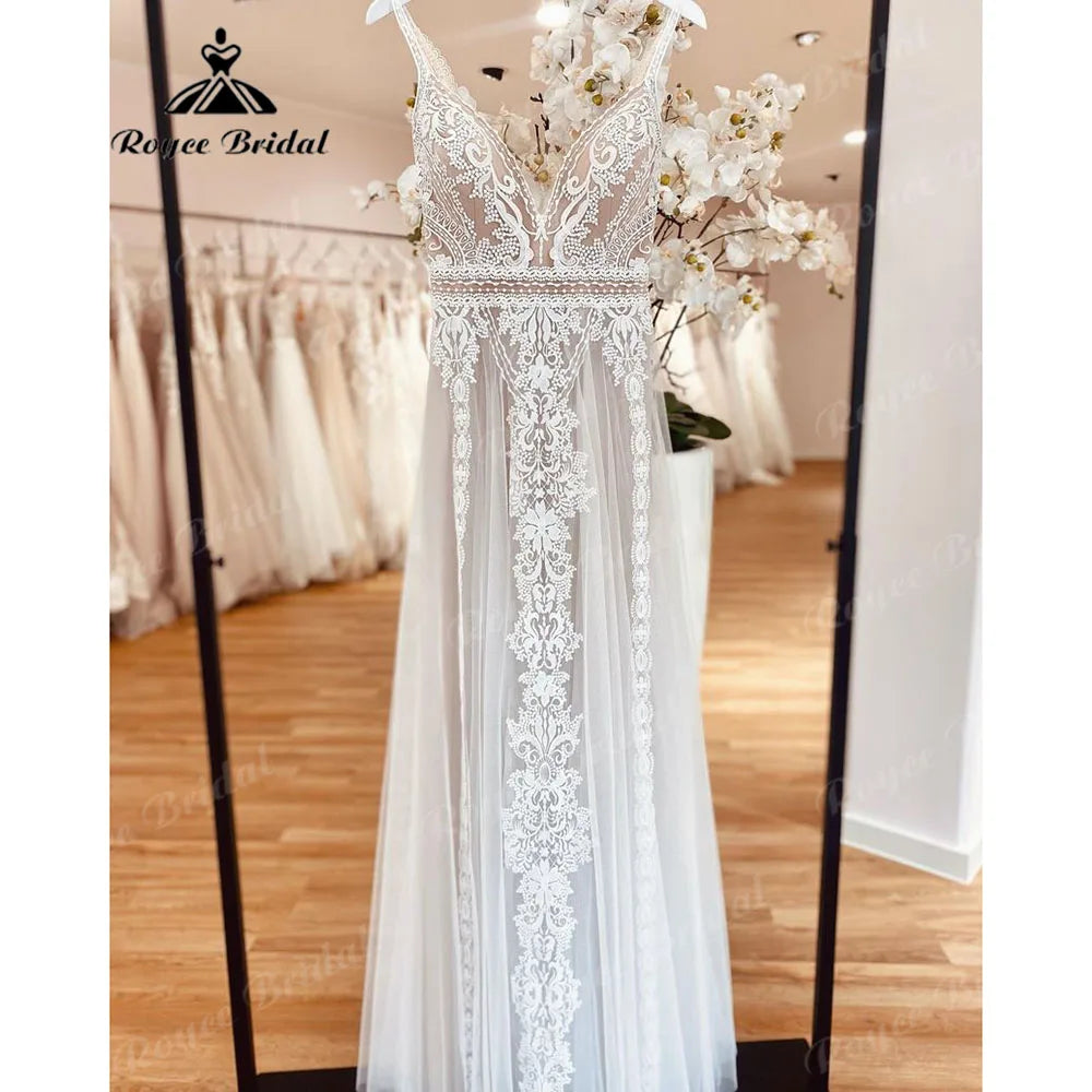2025 Boheme Chic Boho Beach Lace V Neck Backless Summer Wedding Dress for Women Bridal Gown Robe Mariee suknia slubna Customized