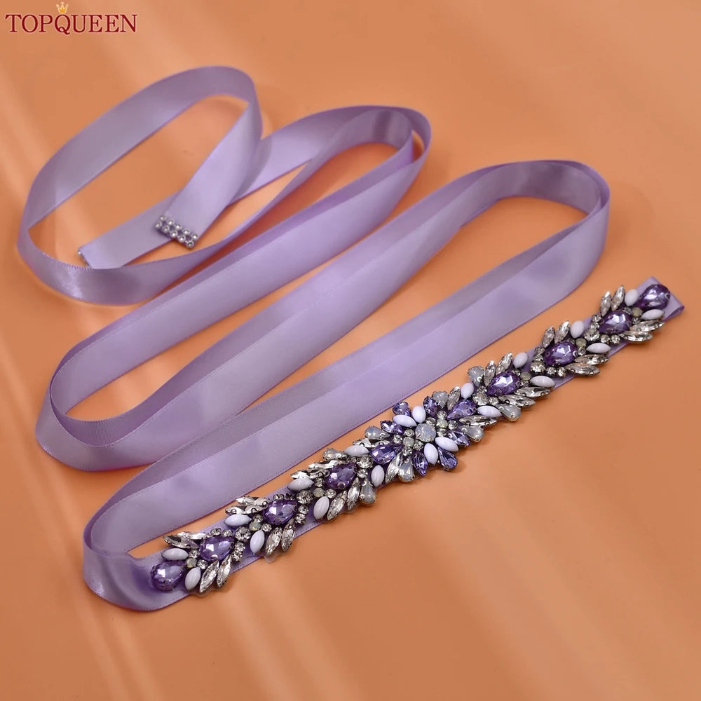 TOPQUEEN Bridal Dress Belt Wedding Accessories Women Evening Party Gown Girdles Lavender Rhinestone Opal Applique Sash S476-DZ
