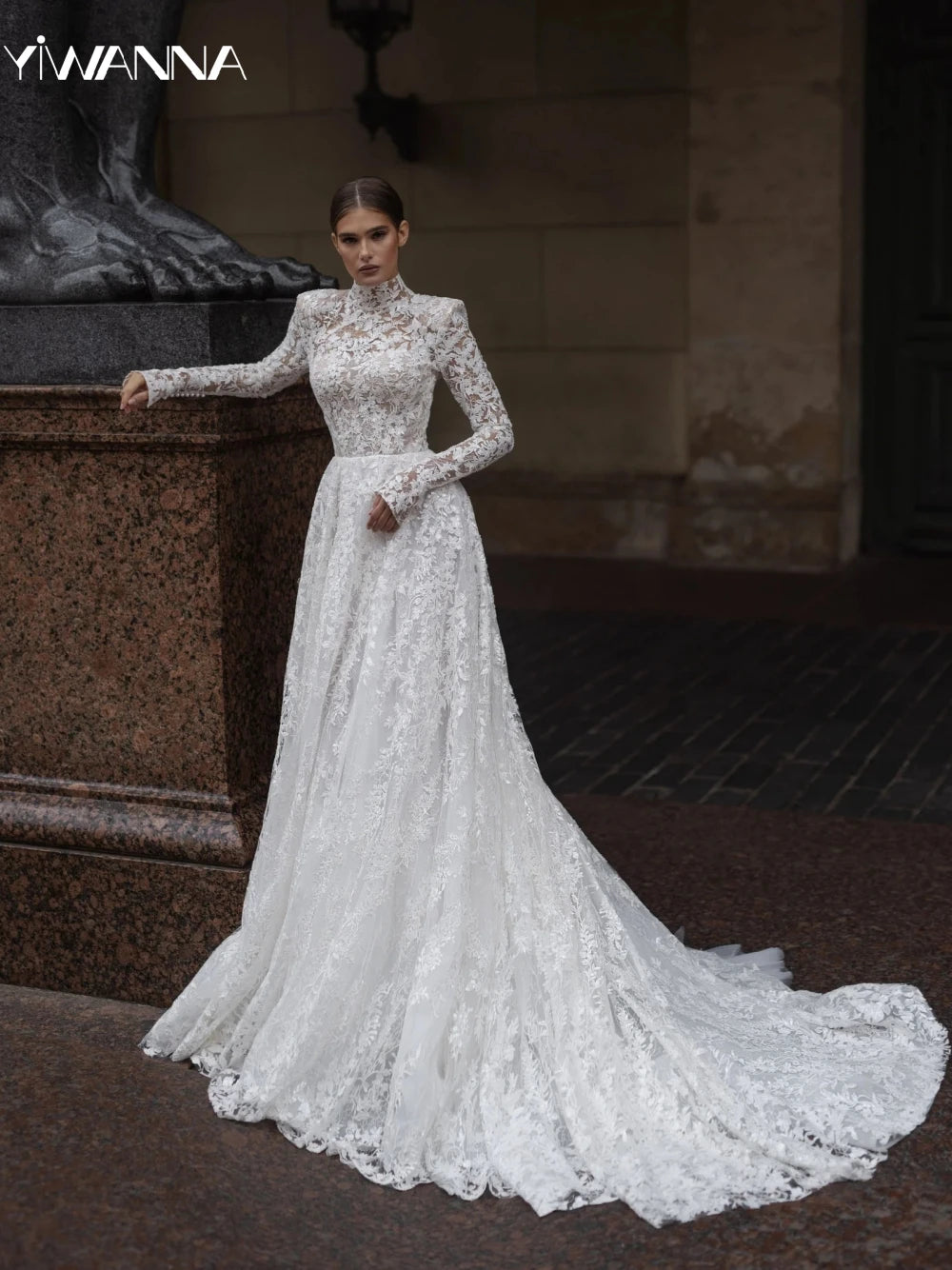 Modest High Collar Long Sleeve Wedding Dress Sequined Beads Bride Robe Graceful Appliques Bridal Gown Customized Robe De Mariée