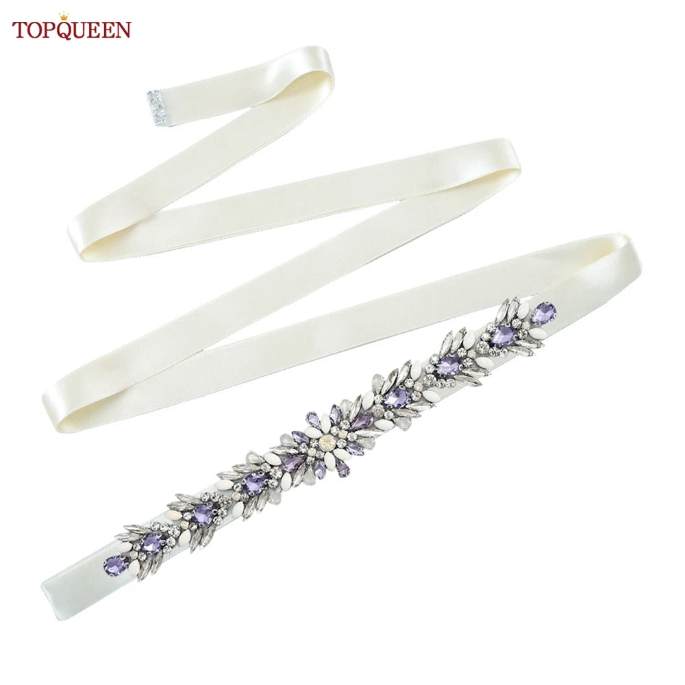 TOPQUEEN Bridal Dress Belt Wedding Accessories Women Evening Party Gown Girdles Lavender Rhinestone Opal Applique Sash S476-DZ