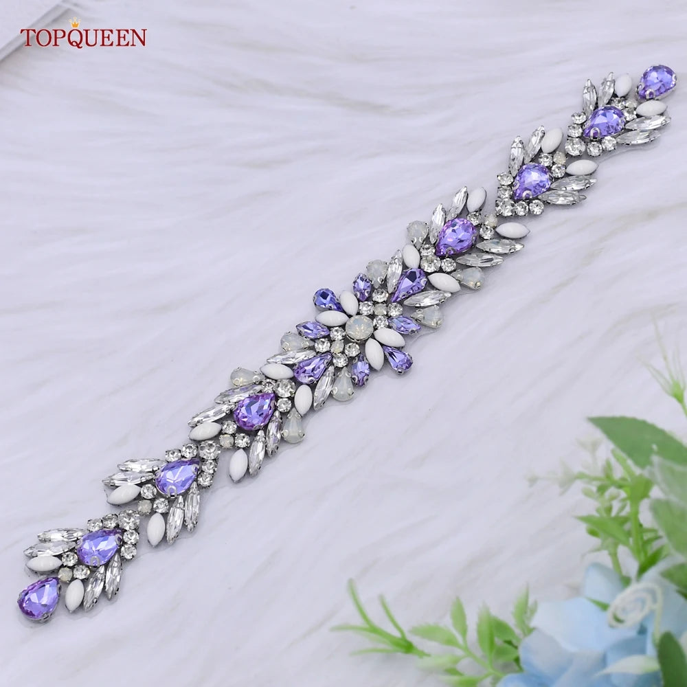 TOPQUEEN Bridal Dress Belt Wedding Accessories Women Evening Party Gown Girdles Lavender Rhinestone Opal Applique Sash S476-DZ