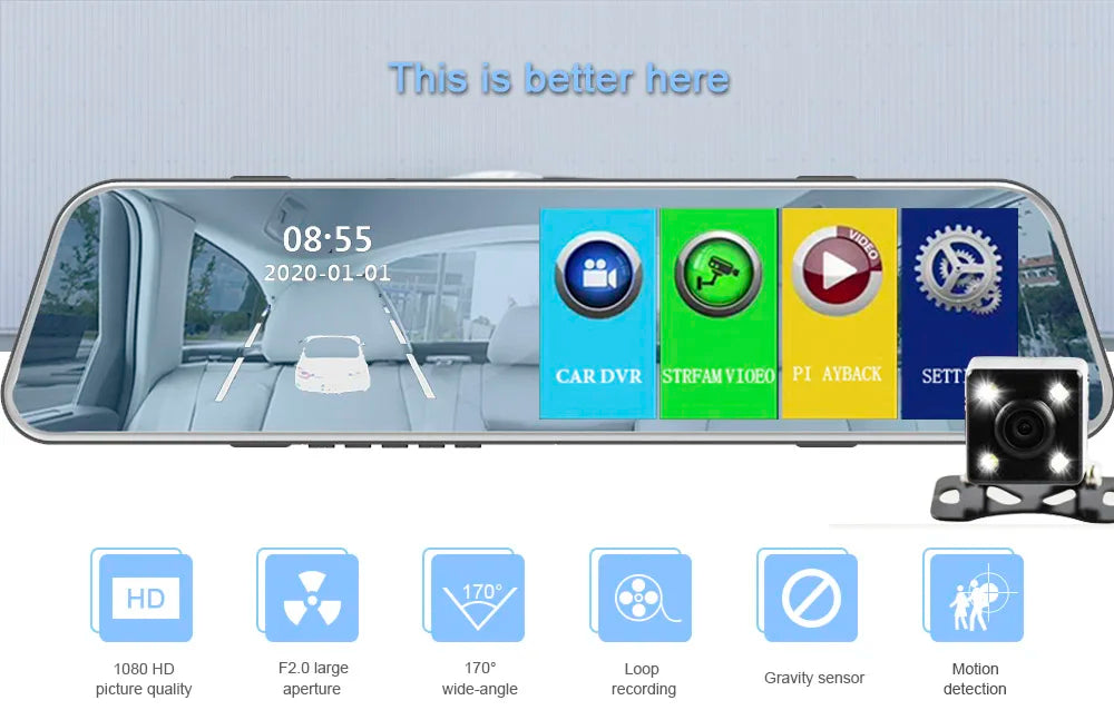 HGDO 5" Dash Cam Mirror Recorder 3 in 1 1080P Avto Dvr Touch Screen Rear View Camera with Parking Sensor Car Cam Video Box