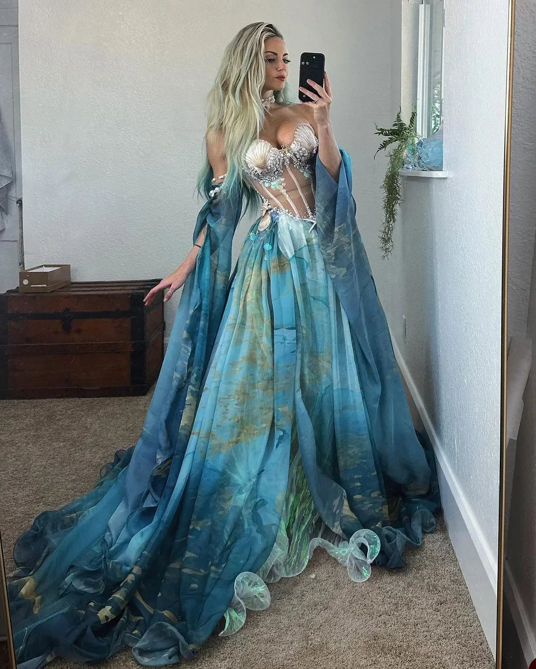 New Design Mermaid Evening Dresses Ocean Shell Starfish Pearl Decoration Strapless Side Split Party Prom Dress