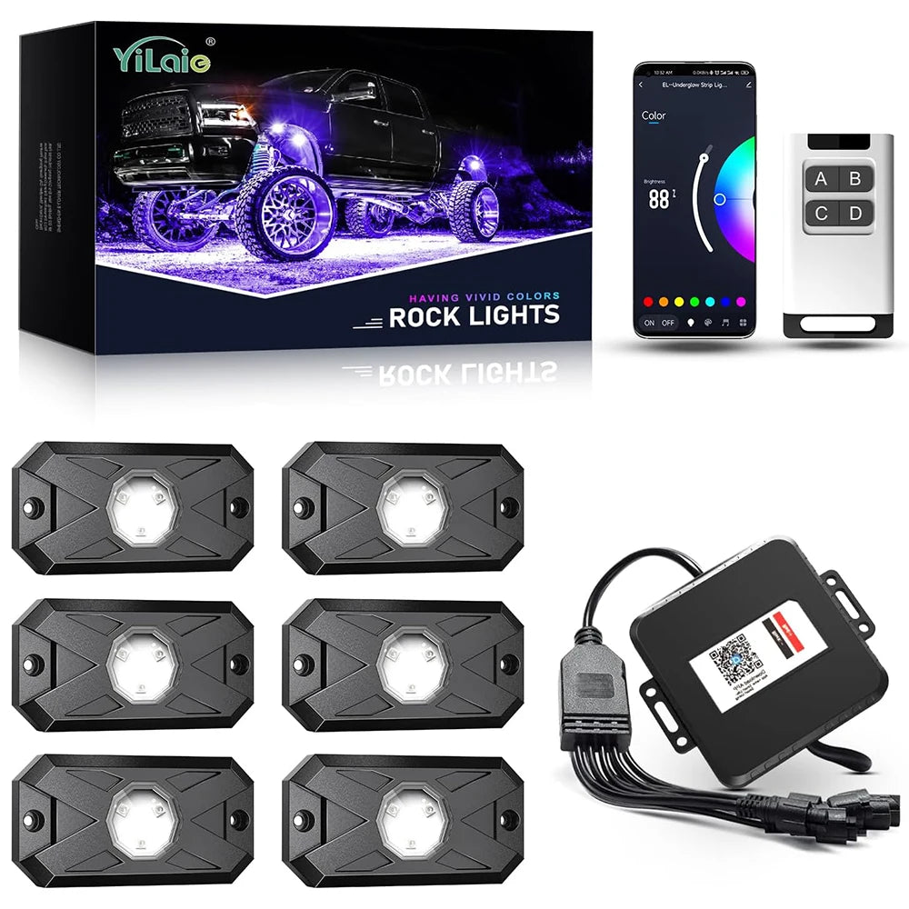 RGB LED Trail Rig Light Rock Lights 4/6/8 Pods Underglow App Remote Control Music Mode for Pickup ATV RZR UTV Chassis Lighting