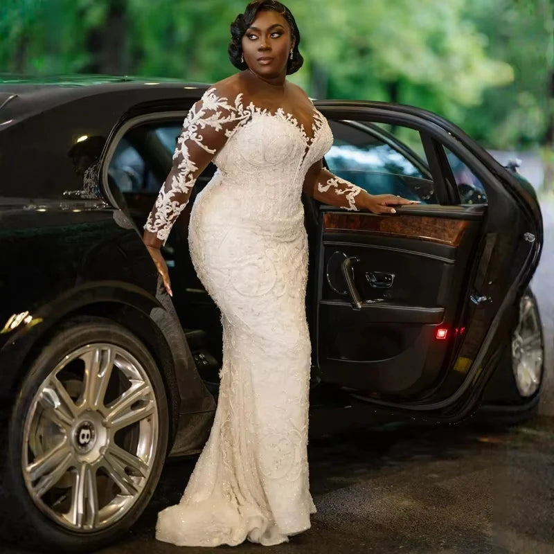 Appliques Beads Wedding Dress for Bride Vestidos De Novia Long Sleeve Detachable Train Plus Size Bridal Gowns