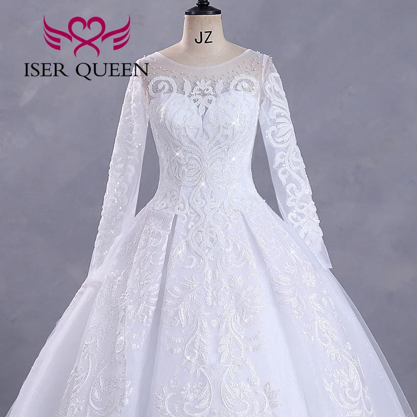 Fashion Long Sleeves Bride Dress For Wedding Small Pearls Beaded Lace Appliques Princess Wedding Dress WX0422