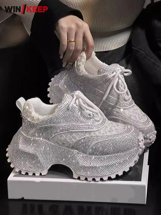 Ladies Summer Breathable Shiny Diamonds Inner Thick Soled Running Shoes Lace Up Outdoor Training Sneakers Jogging Sports Shoes