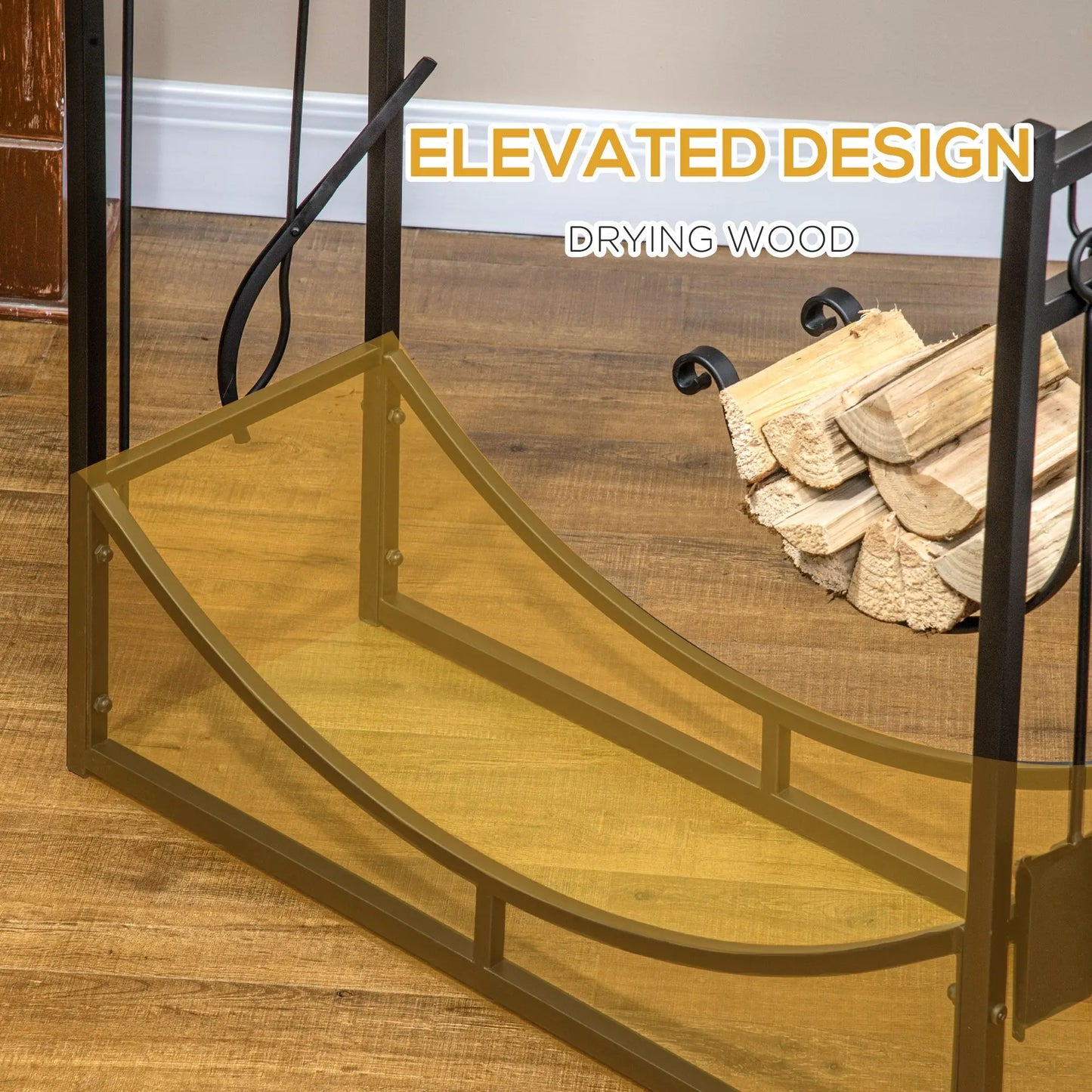 Firewood Rack with Fireplace Tools, Indoor OutdoorFirewood Holder, Includes Poker, Tongs, Broom, Shovel, Black