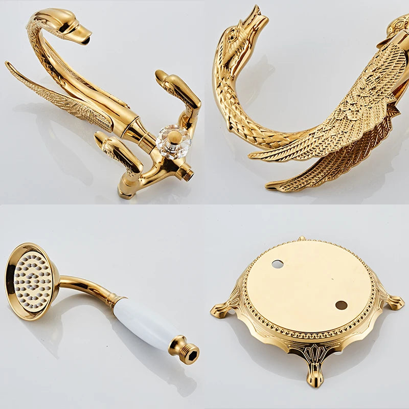 ELLEN Bath Floor Stand Faucets Gold Luxury Swan Bathtub Faucet  Free Standing Bath Faucet Hot Cold with Hand Shower ELB727