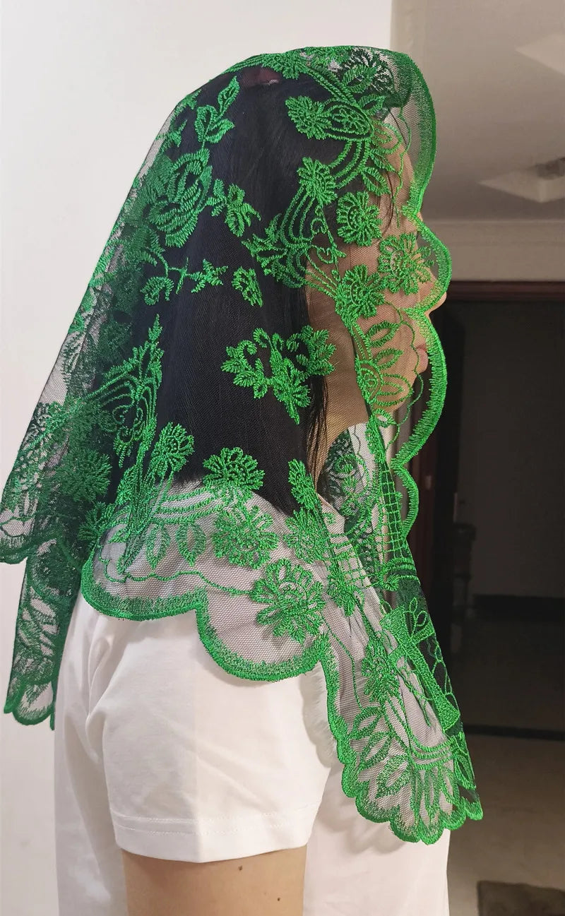 Women Head Covering Bridal Wedding Cross Embroidery Catholic Church Veil