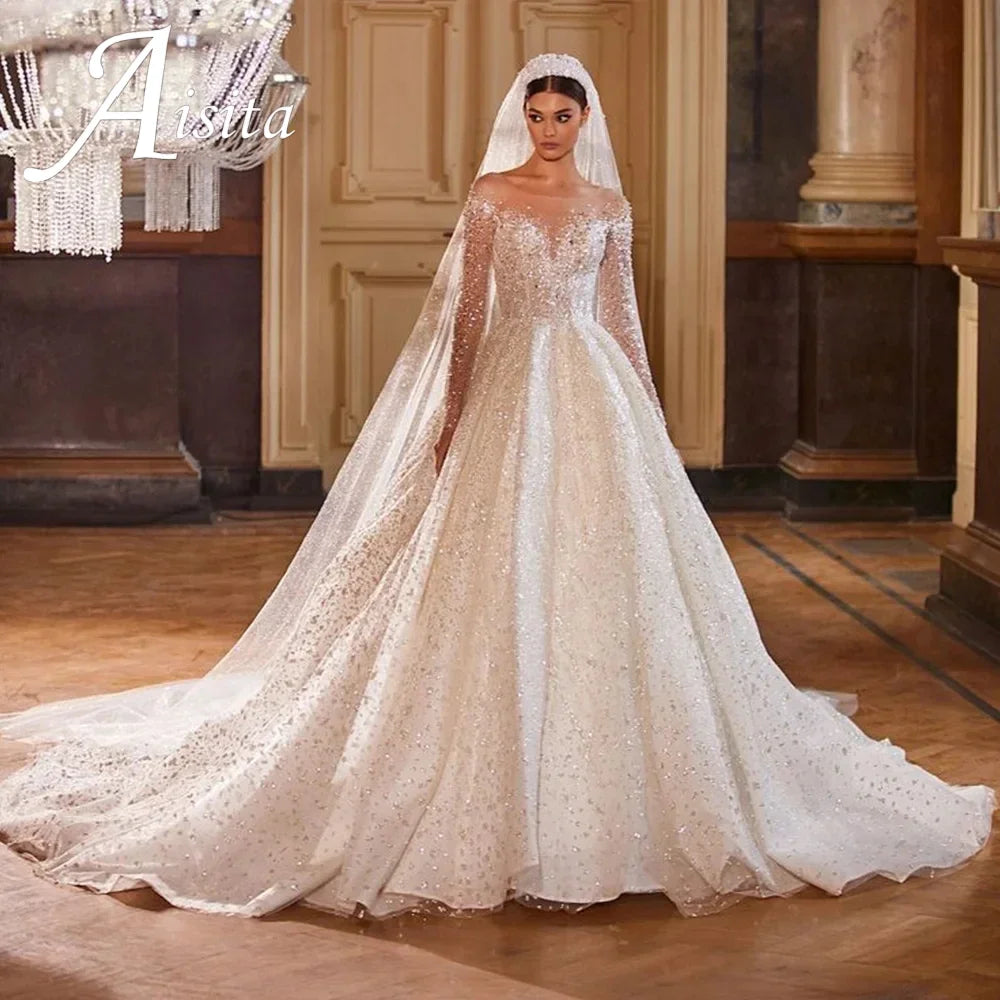 Vestidos De Novia Shining Sequin A-Line Long Sleeves Ball Gown Wedding Dress Beading Tulle Luxury Hochzeitskleid Button Back