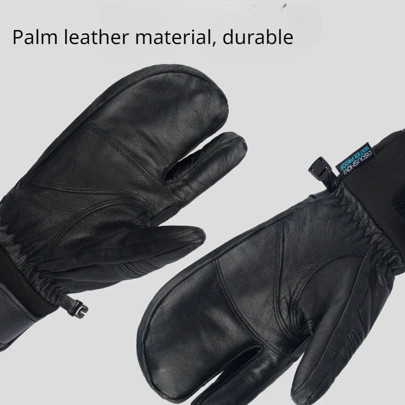 Three Fingers Sheepskin Winter Ski Gloves Women Windproof Waterproof Warm Durable Thickened Men Outdoor Sports Cycling Gloves