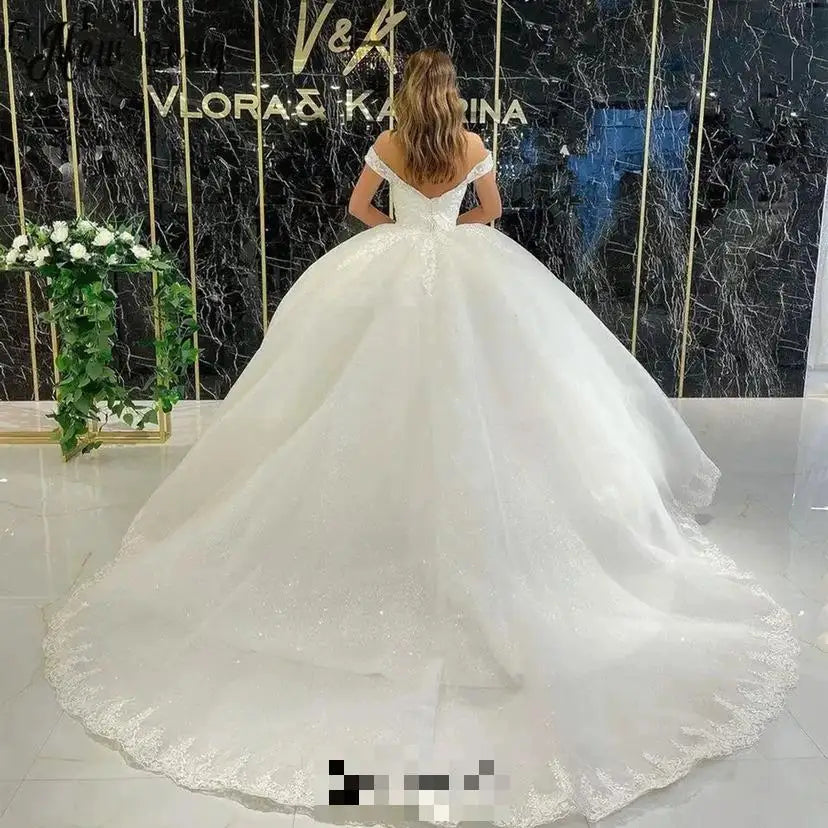 Maria Novia Off The Shoulder Wedding Dresses Lace Boat Neck Sweep Train Appliques Glitter Tulle Luxury Robe De Mariée Customized