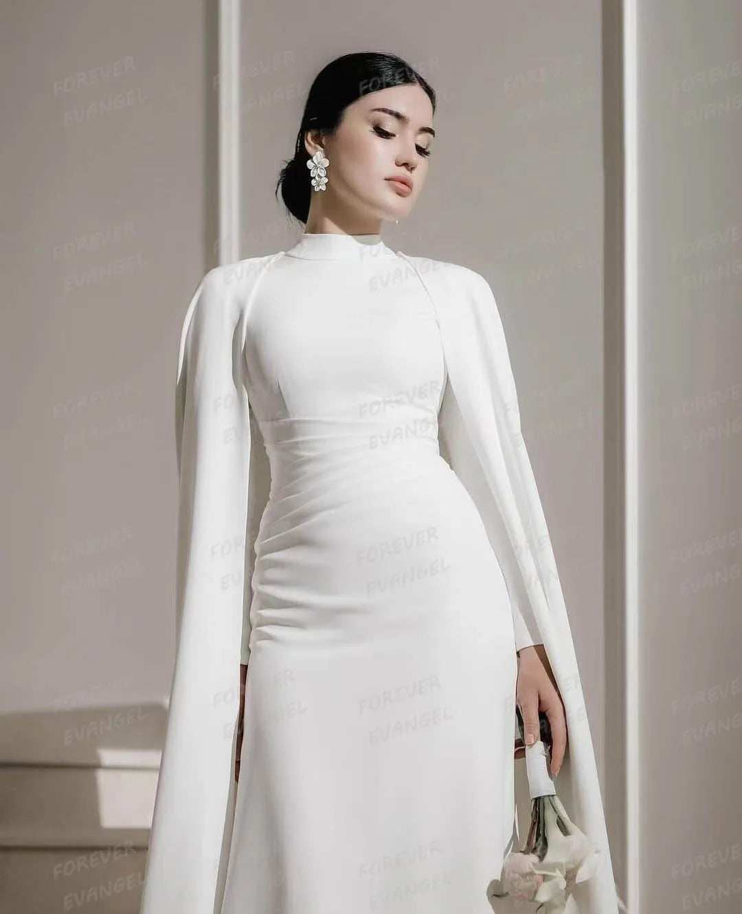 Simple Muslim Wedding Dresses Woman's Mermaid Long Sleeve Shawl Bride Gowns High Neck Formal Vestidos De Novia Satin Customized