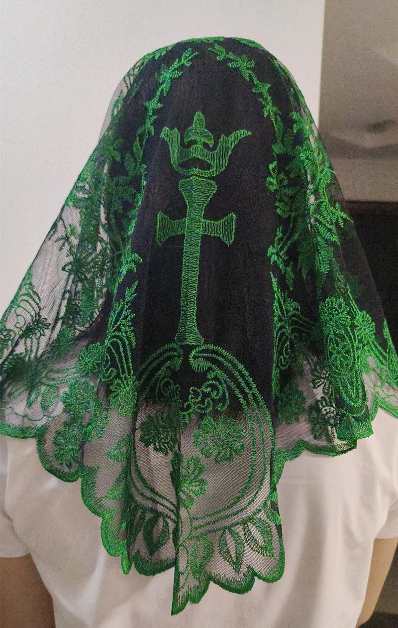 Women Head Covering Bridal Wedding Cross Embroidery Catholic Church Veil