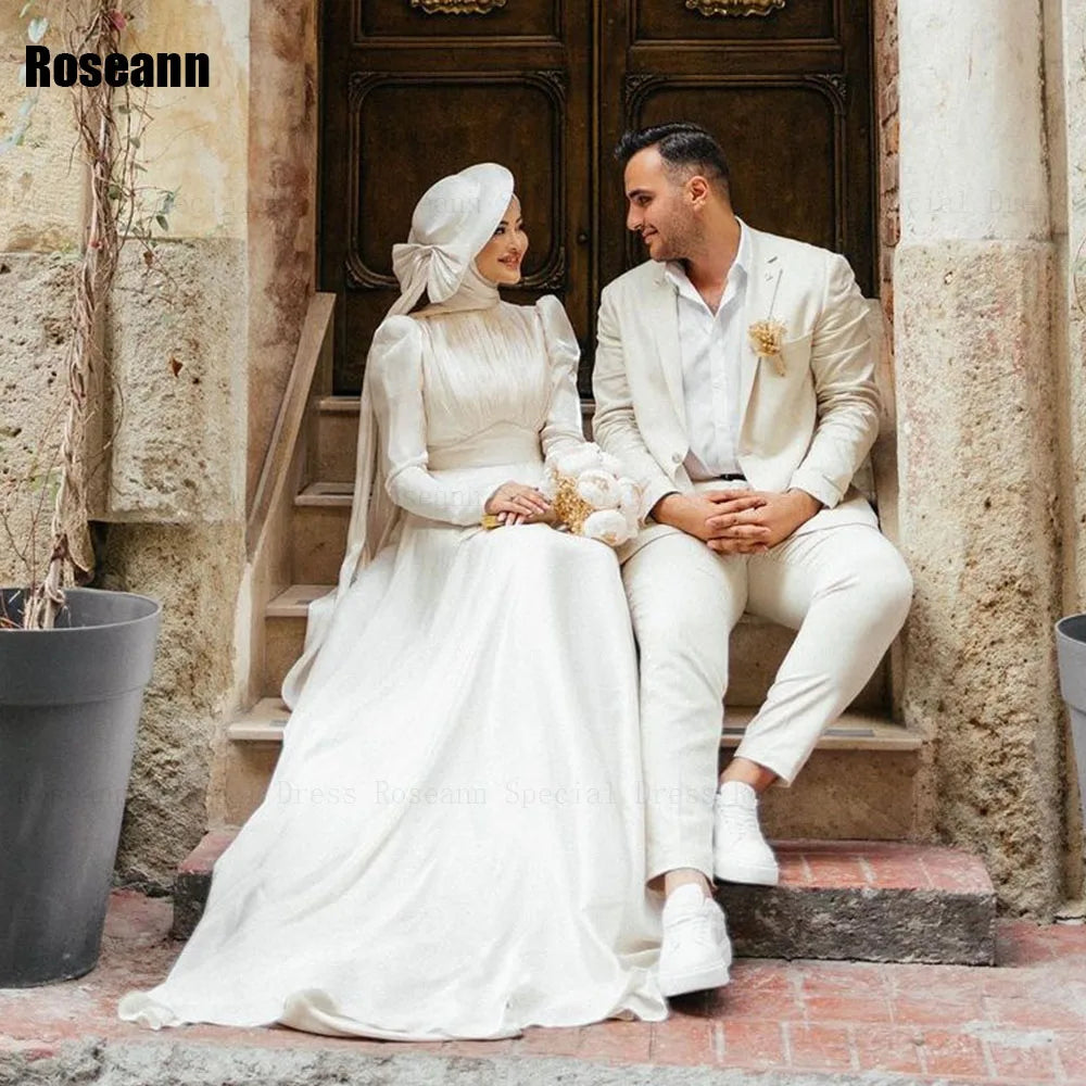 Customized Muslim 2025 New Simple Ivory A-line Wedding Dresses Satin Ribbon Draped Pleat Brush Train Bride Gown robe de mariée
