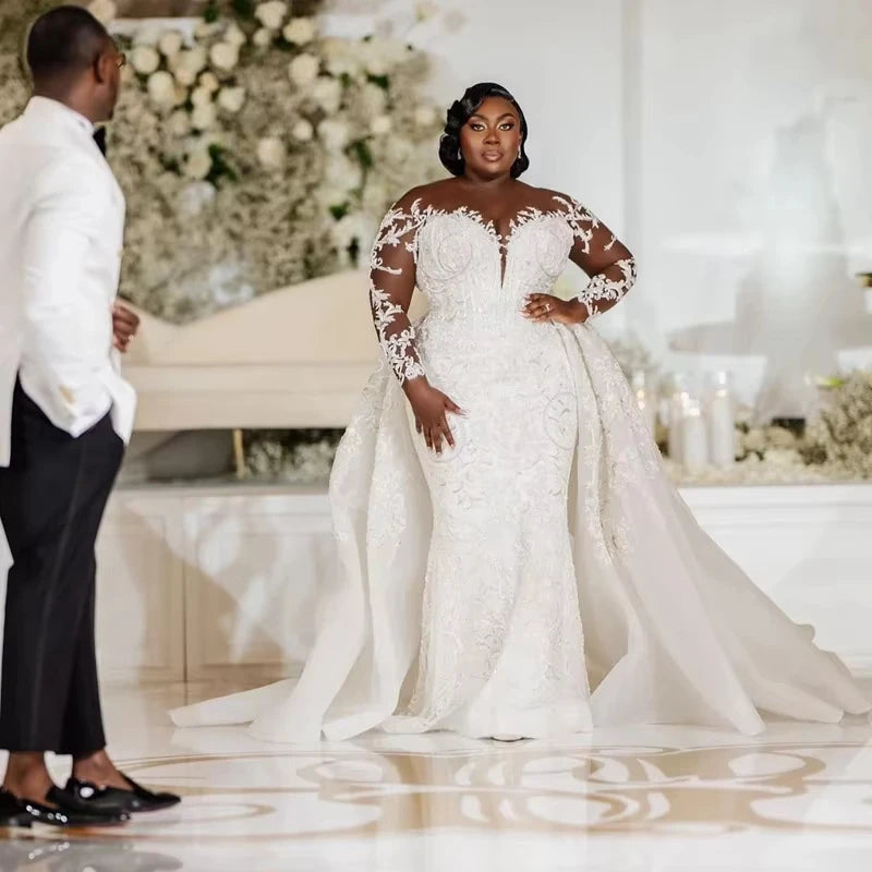 Appliques Beads Wedding Dress for Bride Vestidos De Novia Long Sleeve Detachable Train Plus Size Bridal Gowns