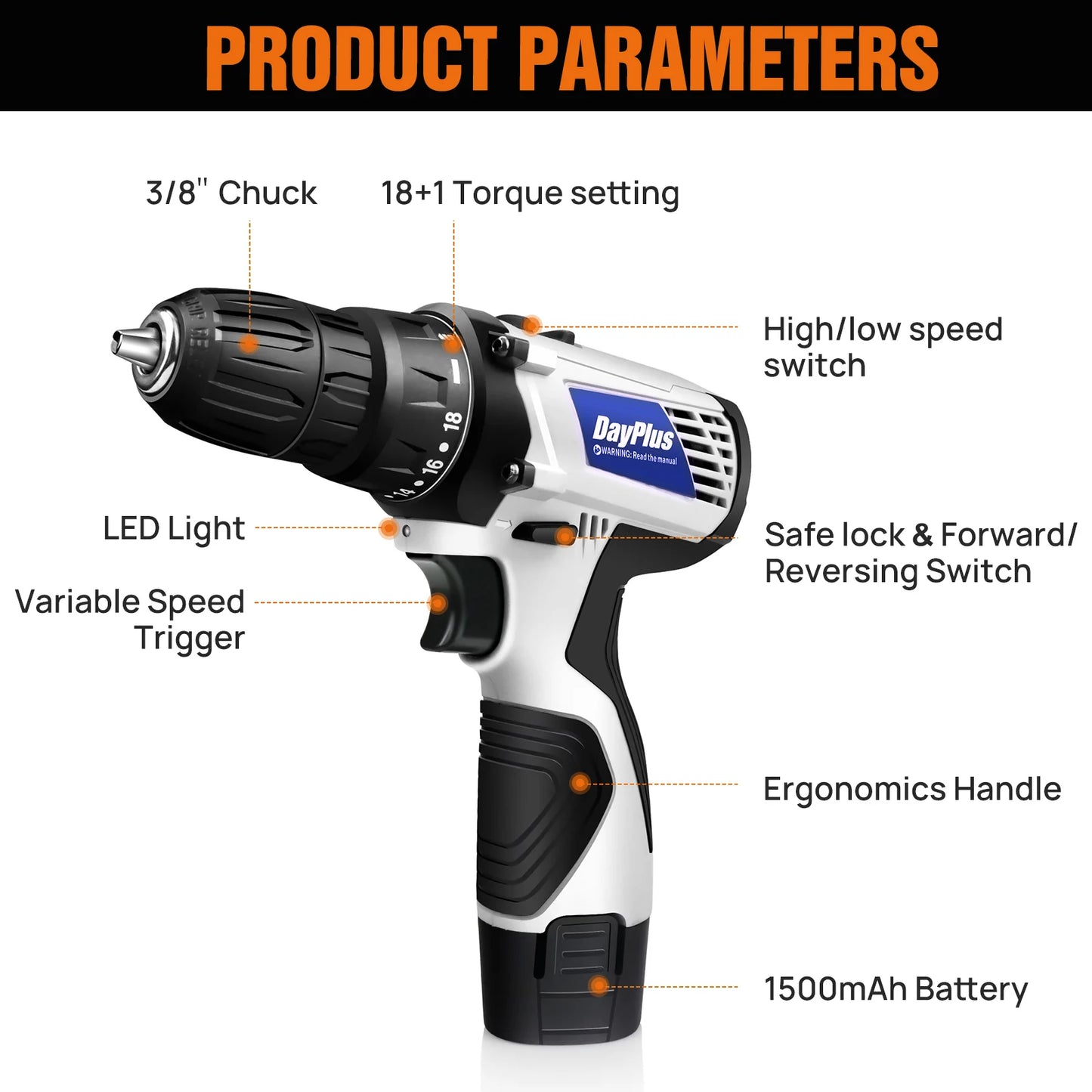 DayPlus Mini Cordless Drill Driver Kit,12V Electric Screwdriver Tool+LED Work Light,High Torque 45N.m,3/8Inch Keyless Chuck,18+1