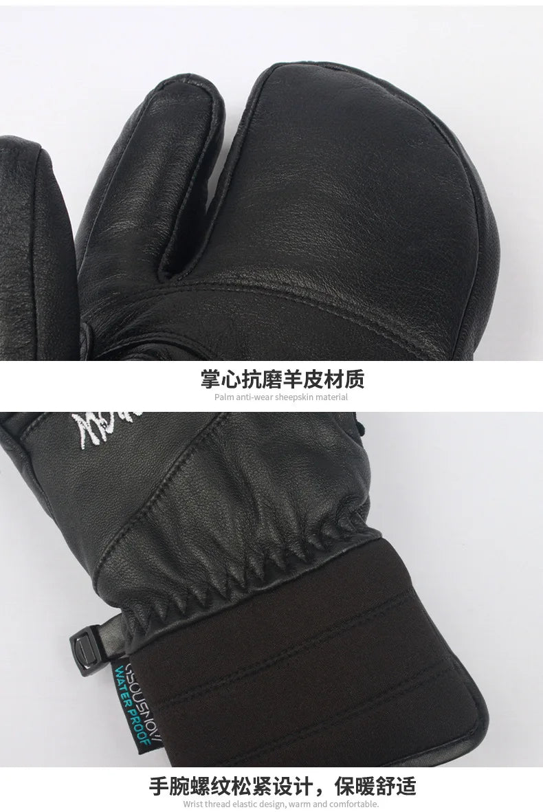 Three Fingers Sheepskin Winter Ski Gloves Women Windproof Waterproof Warm Durable Thickened Men Outdoor Sports Cycling Gloves