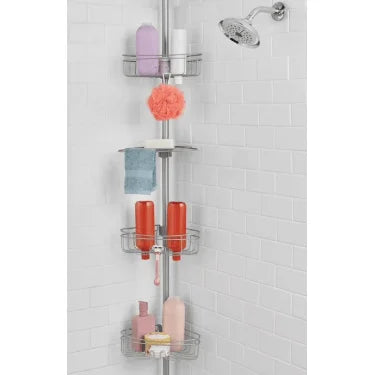 Mainstays Satin Nickel 3-Tier Corner Shower Caddy Rust-Resistant Tension Rod for 5-8 Ft Bathrooms