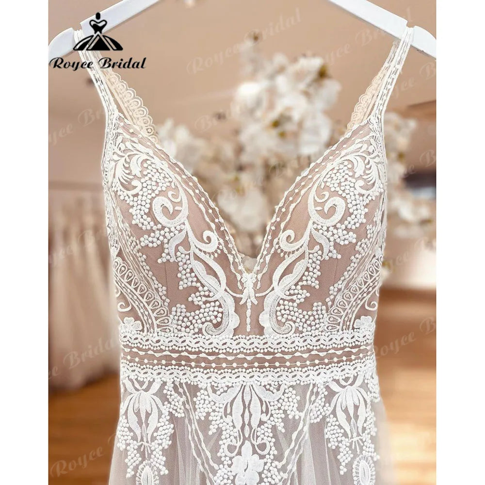 2025 Boheme Chic Boho Beach Lace V Neck Backless Summer Wedding Dress for Women Bridal Gown Robe Mariee suknia slubna Customized